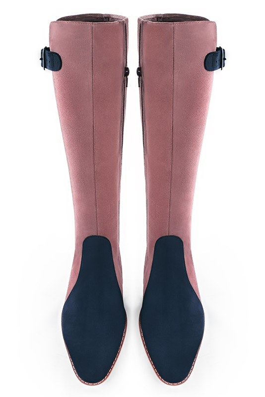 Navy blue and dusty rose pink women's knee-high boots with buckles. Round toe. Flat leather soles. Made to measure. Top view - Florence KOOIJMAN