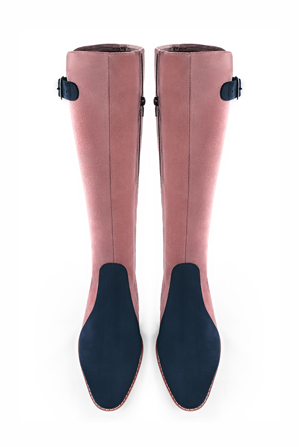 Navy blue and dusty rose pink women's knee-high boots with buckles. Round toe. Flat leather soles. Made to measure. Top view - Florence KOOIJMAN