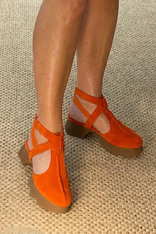 Dress T-strap closed-toe heels in terracotta orange leather with  and  - Top view