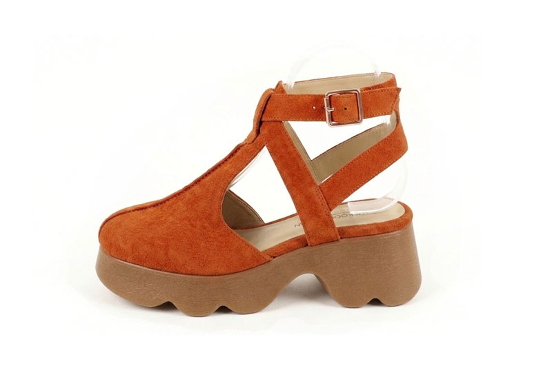 Dress T-strap closed-toe heels in terracotta orange leather with  and  - Profile view