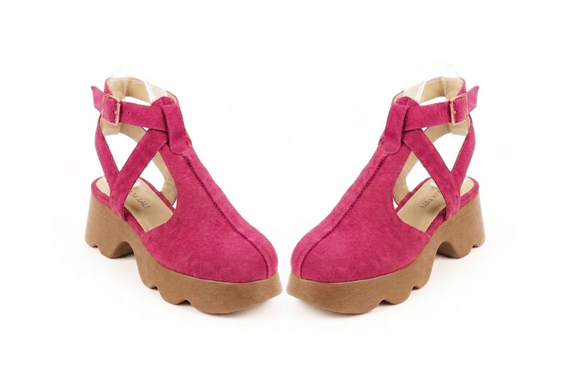 Dress T-strap closed-toe heels in fuchsia pink leather with  and  - Front view