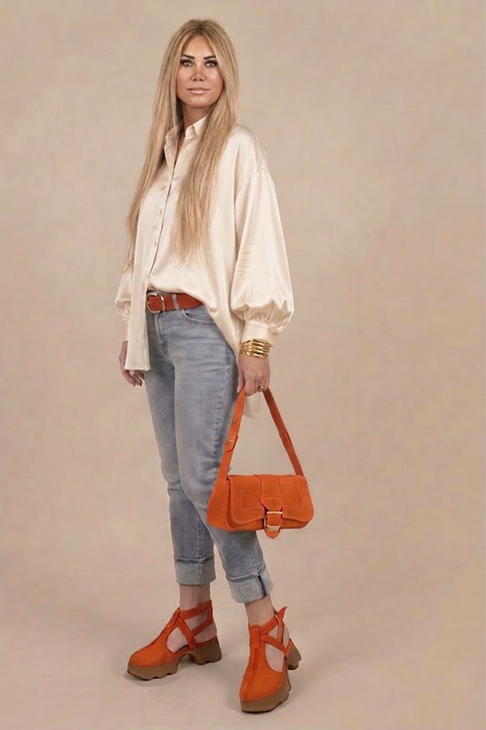 Dress T-strap closed-toe heels in terracotta orange leather with  and  - Worn view