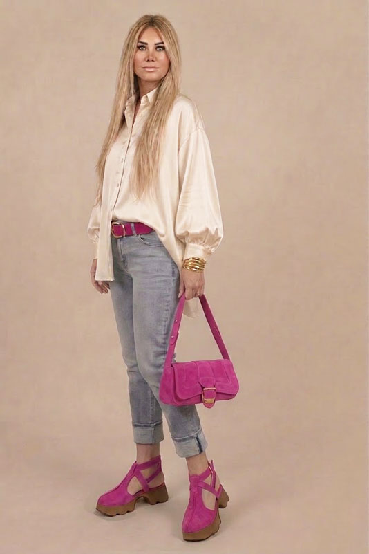 Dress T-strap closed-toe heels in fuchsia pink leather with  and  - Worn view