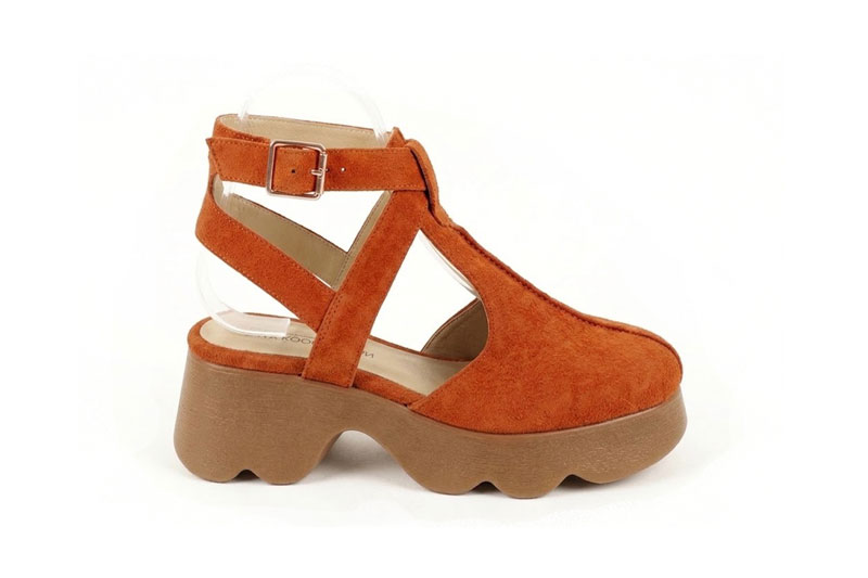 Dress T-strap closed-toe heels in terracotta orange leather with  and  - Rear view