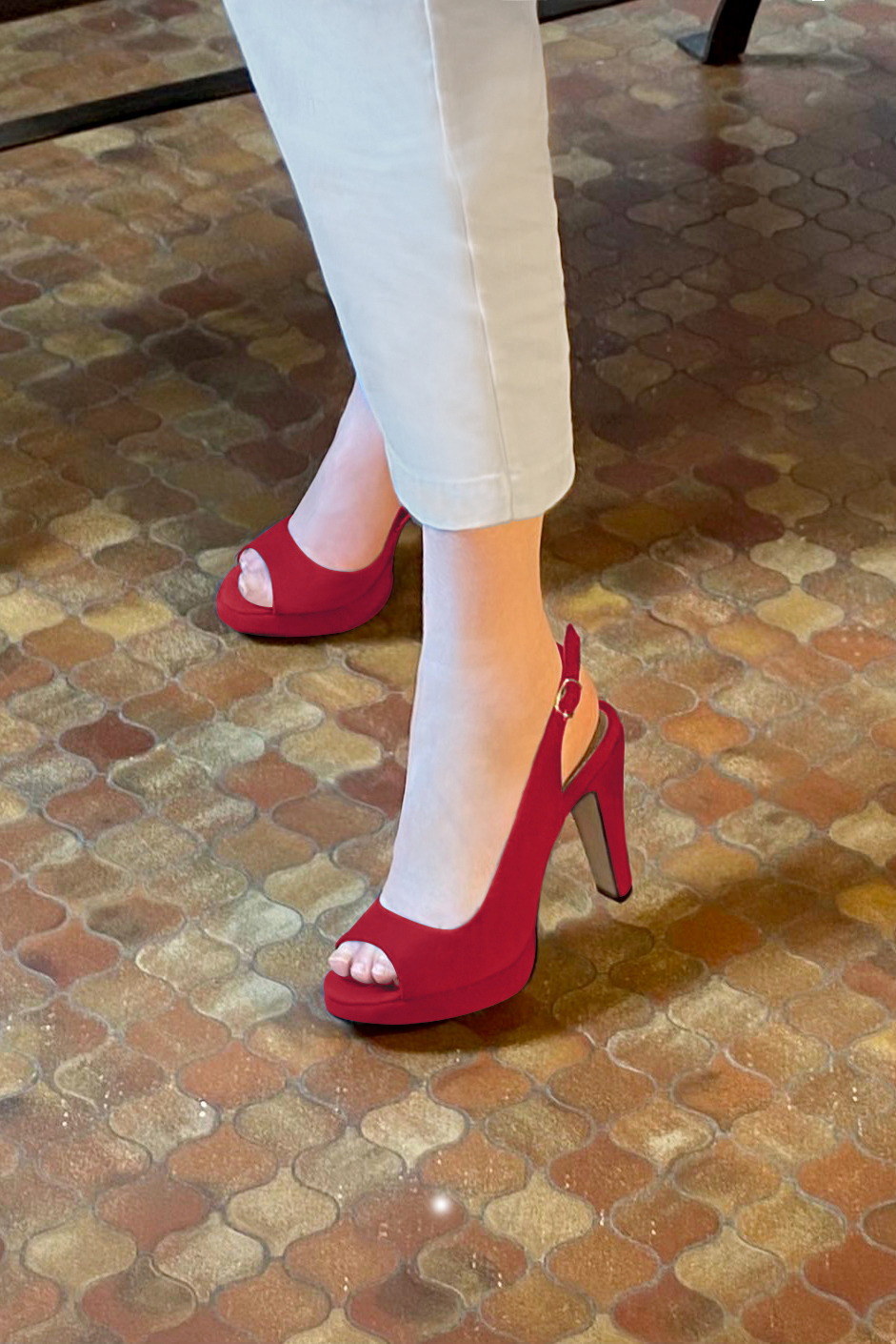 Women's cardinal red elegant peep-toe slingback heels. Round toe. High slim heel with a platform at the front - Worn view