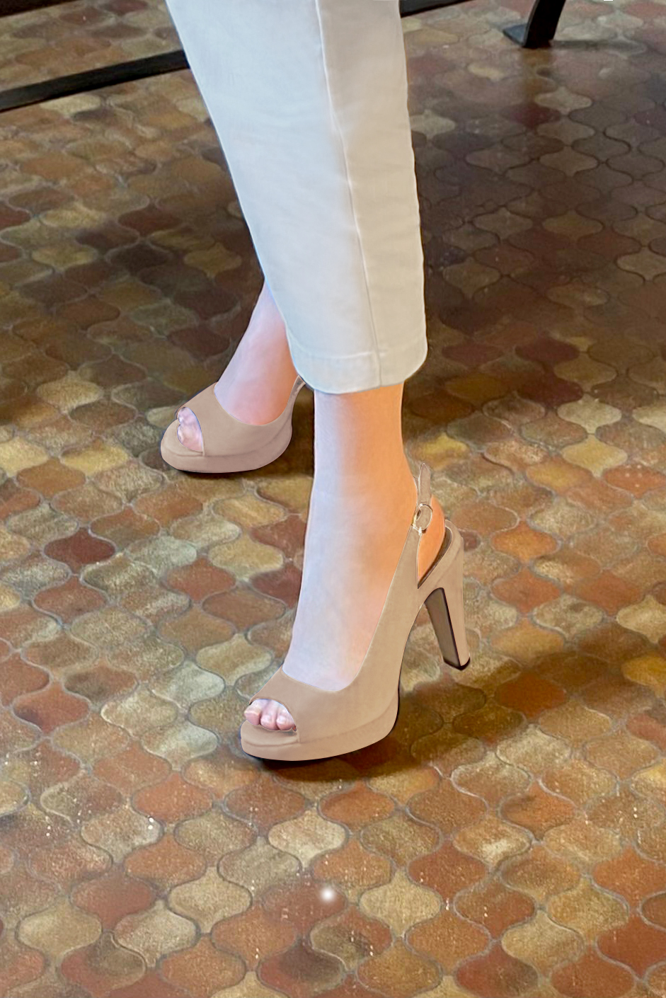Tan beige women's slingback sandals. Round toe. Very high slim heel with a platform at the front. Worn view - Florence KOOIJMAN