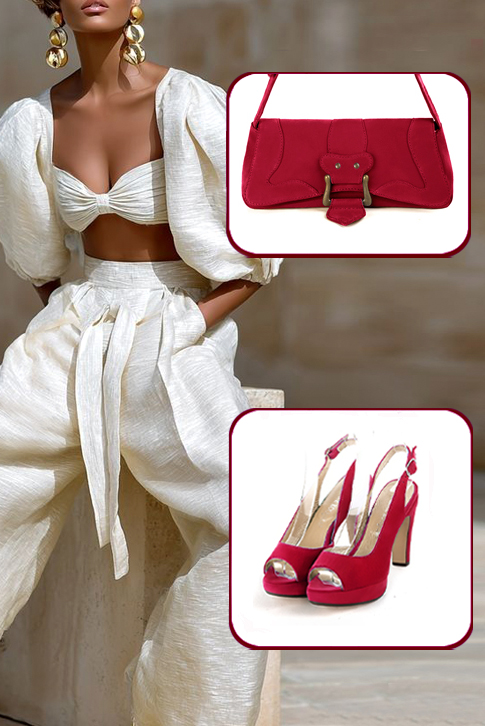 Women's cardinal red elegant peep-toe slingback heels. Round toe. High slim heel with a platform at the front - Top view