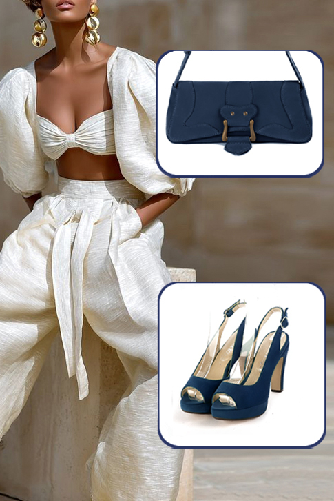 Women's navy blue elegant peep-toe slingback heels. Round toe. High slim heel with a platform at the front - Top view