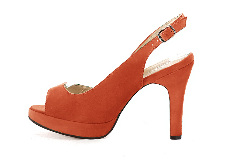 Terracotta orange women's slingback sandals. Round toe. Very high slim heel with a platform at the front. Profile view - Florence KOOIJMAN