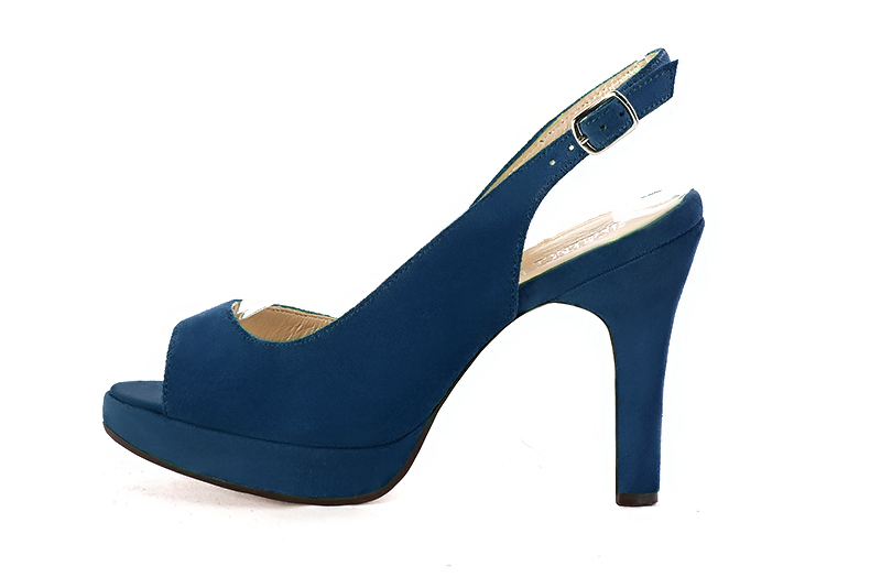 Navy blue women's slingback sandals. Round toe. Very high slim heel with a platform at the front. Profile view - Florence KOOIJMAN