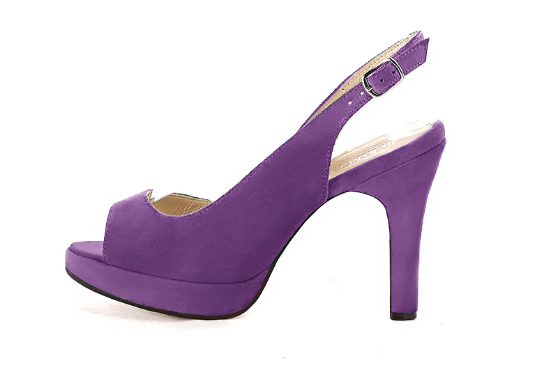Amethyst purple women's slingback sandals. Round toe. Very high slim heel with a platform at the front. Profile view - Florence KOOIJMAN