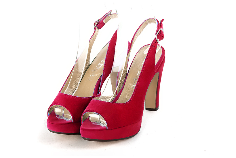 Cardinal red women's slingback sandals. Round toe. Very high slim heel with a platform at the front - Florence KOOIJMAN