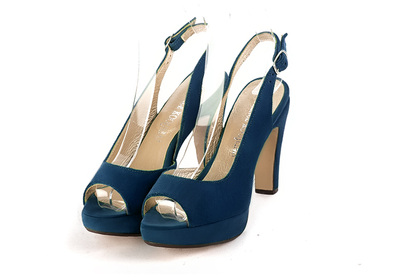 Navy blue women's slingback sandals. Round toe. Very high slim heel with a platform at the front. Front view - Florence KOOIJMAN