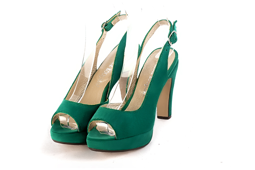 Emerald green women's slingback sandals. Round toe. Very high slim heel with a platform at the front - Florence KOOIJMAN