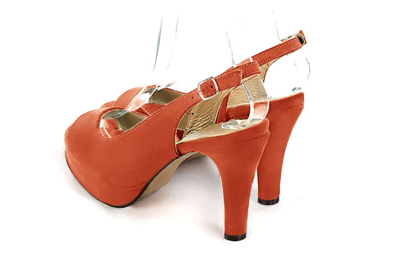 Terracotta orange women's slingback sandals. Round toe. Very high slim heel with a platform at the front. Rear view - Florence KOOIJMAN