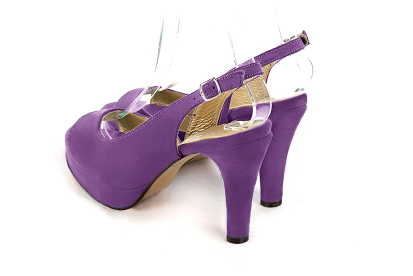 Amethyst purple women's slingback sandals. Round toe. Very high slim heel with a platform at the front. Rear view - Florence KOOIJMAN