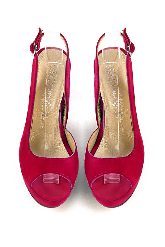 Cardinal red women's slingback sandals. Round toe. Very high slim heel with a platform at the front. Top view - Florence KOOIJMAN