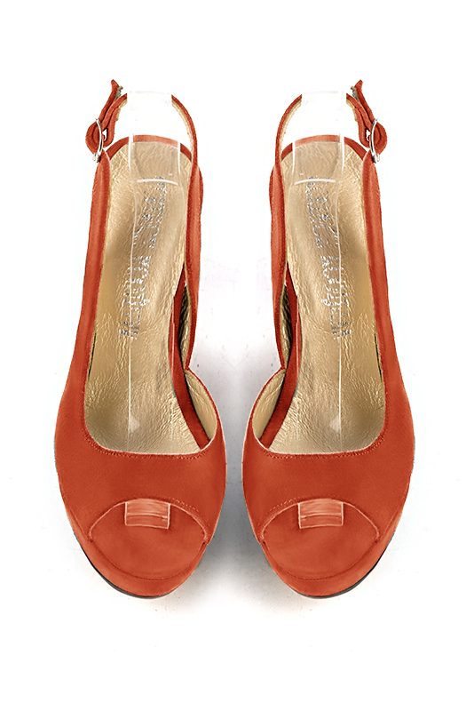 Terracotta orange women's slingback sandals. Round toe. Very high slim heel with a platform at the front. Top view - Florence KOOIJMAN