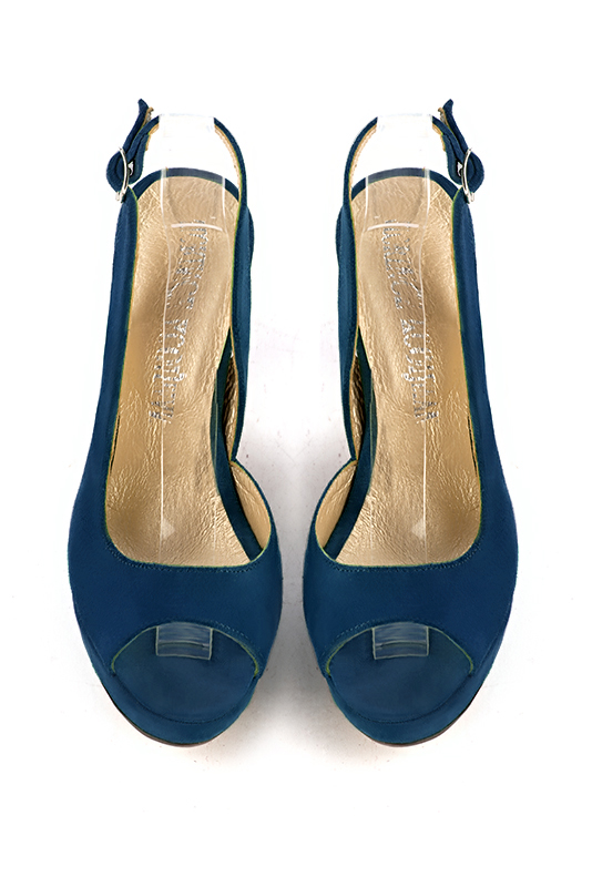 Navy blue women's slingback sandals. Round toe. Very high slim heel with a platform at the front. Top view - Florence KOOIJMAN