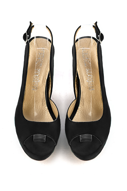 Matt black women's slingback sandals. Round toe. Very high slim heel with a platform at the front. Top view - Florence KOOIJMAN