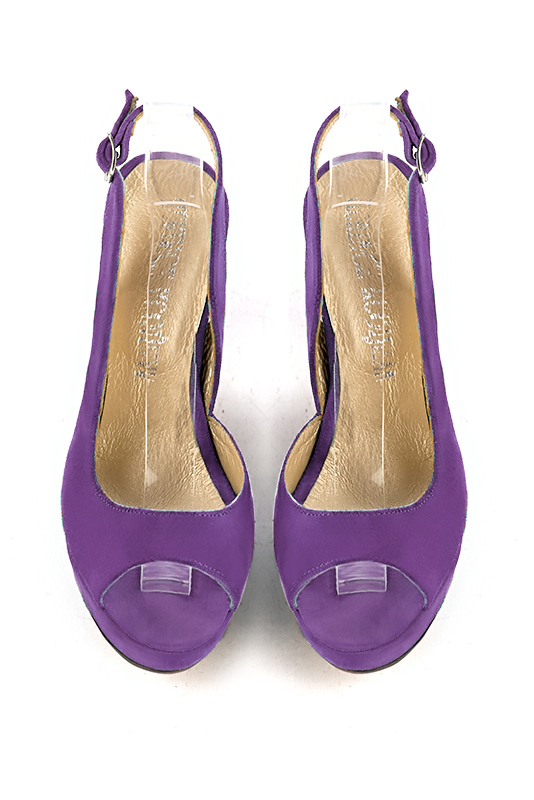 Amethyst purple women's slingback sandals. Round toe. Very high slim heel with a platform at the front. Top view - Florence KOOIJMAN