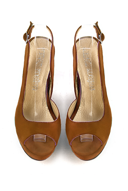 Caramel brown women's slingback sandals. Round toe. Very high slim heel with a platform at the front. Top view - Florence KOOIJMAN