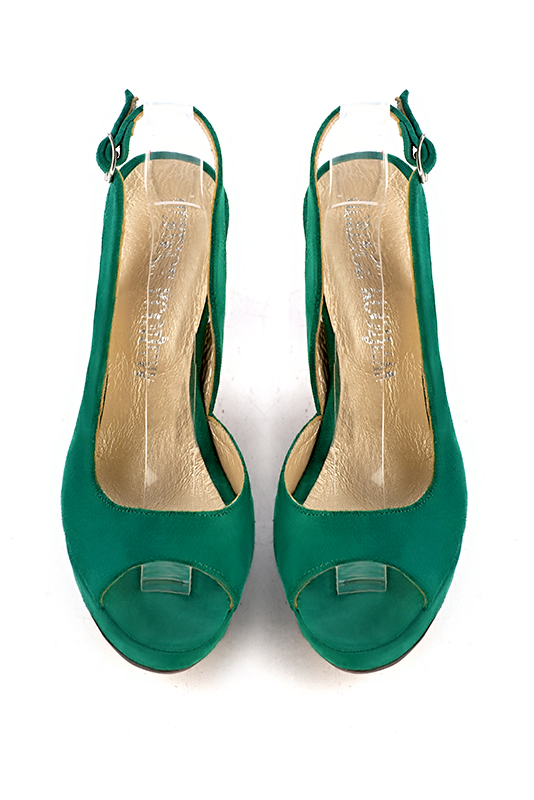 Emerald green women's slingback sandals. Round toe. Very high slim heel with a platform at the front. Top view - Florence KOOIJMAN