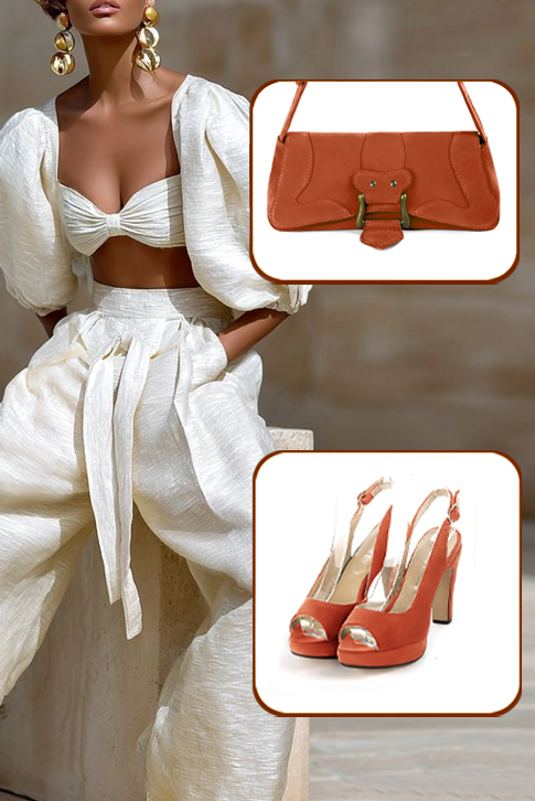 Women's terracotta orange elegant peep-toe slingback heels. Round toe. High slim heel with a platform at the front - Top view