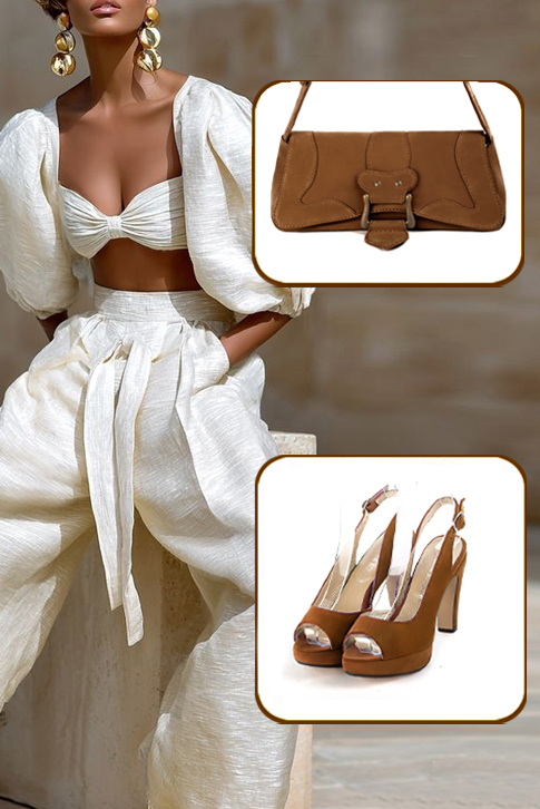 Women's caramel brown elegant peep-toe slingback heels. Round toe. High slim heel with a platform at the front - Top view