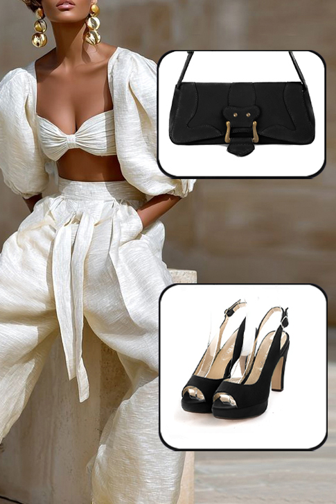 Women's matt black elegant peep-toe slingback heels. Round toe. High slim heel with a platform at the front - Top view