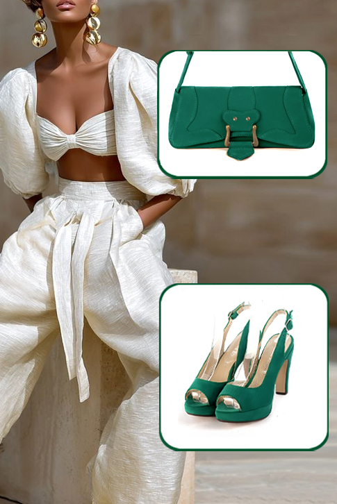 Women's emerald green elegant peep-toe slingback heels. Round toe. High slim heel with a platform at the front - Top view