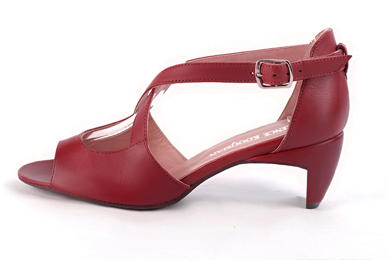 Cardinal red women's closed back sandals, with crossed straps. Round toe. Medium comma heels. Profile view - Florence KOOIJMAN