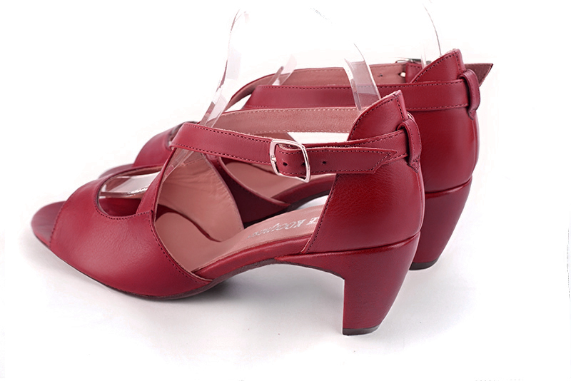 Cardinal red women's closed back sandals, with crossed straps. Round toe. Medium comma heels. Rear view - Florence KOOIJMAN
