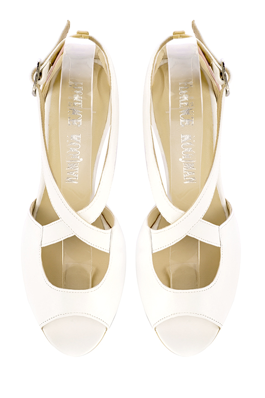 Off white and powder pink women's closed back sandals, with crossed straps. Round toe. High slim heel. Top view - Florence KOOIJMAN