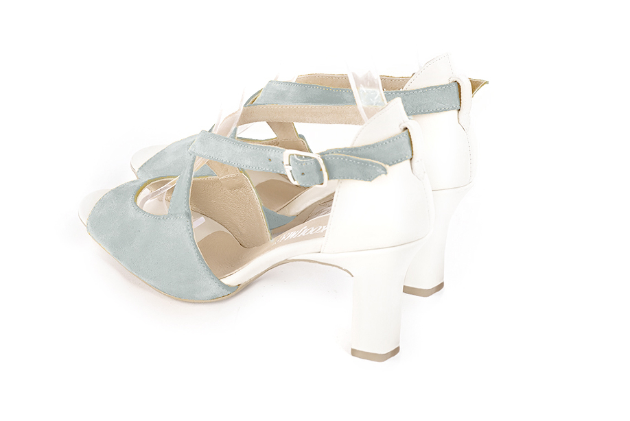 Women's pearl grey and off white elegant sandals closed at the back with crossed straps. Round toe. High kitten heels - Rear view