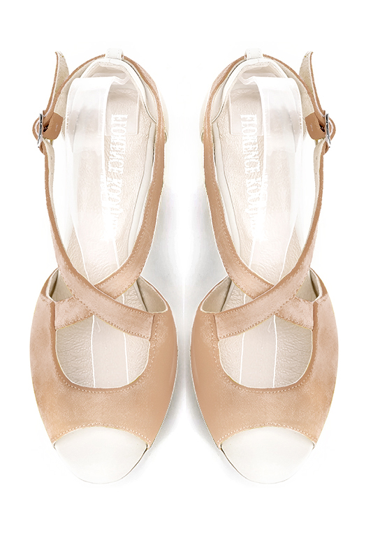 Biscuit beige and off white women's closed back sandals, with crossed straps. Round toe. High kitten heels. Top view - Florence KOOIJMAN