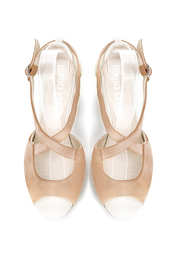 Women's biscuit beige and off white elegant sandals closed at the back with crossed straps. Round toe. High kitten heels - Top view