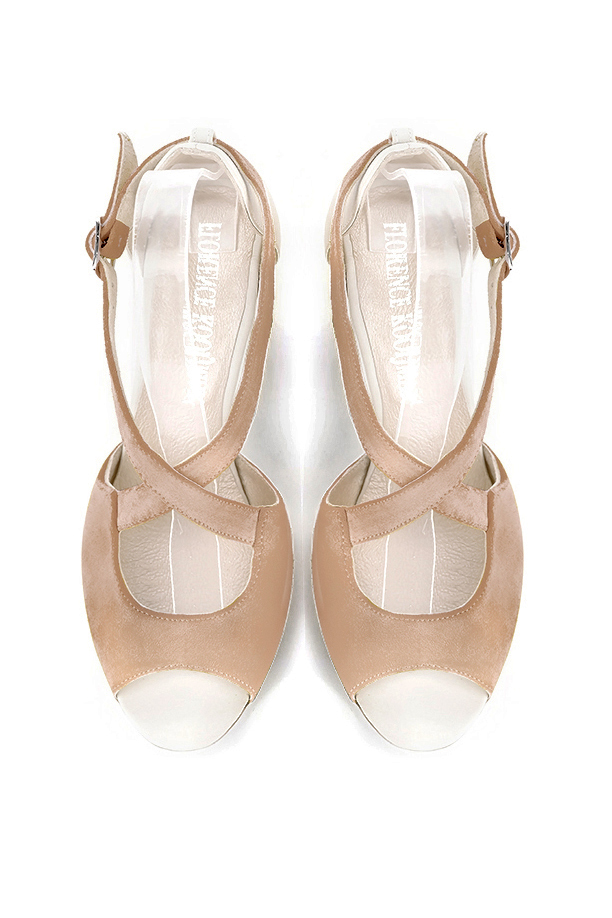 Women's biscuit beige and off white elegant sandals closed at the back with crossed straps. Round toe. High kitten heels - Top view