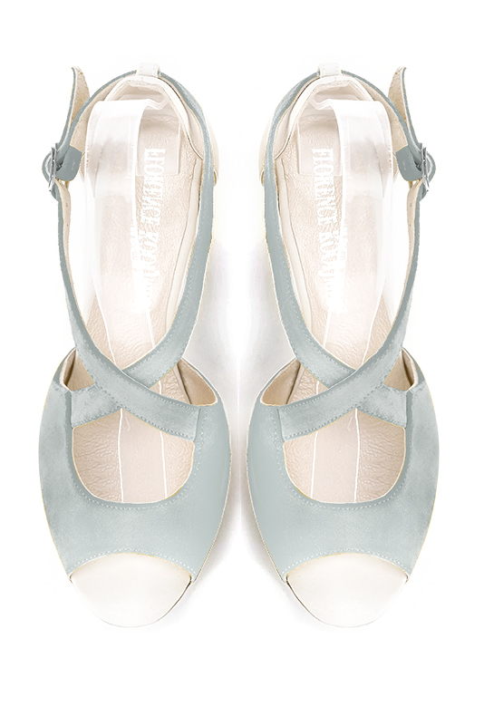 Pearl grey and off white women's closed back sandals, with crossed straps. Round toe. High kitten heels. Top view - Florence KOOIJMAN