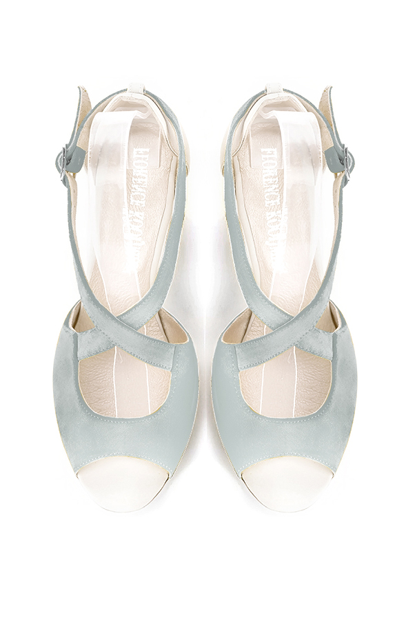 Women's pearl grey and off white elegant sandals closed at the back with crossed straps. Round toe. High kitten heels - Top view