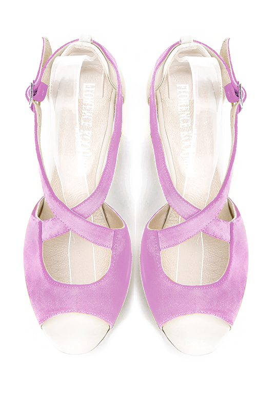 Mauve purple and off white women's closed back sandals, with crossed straps. Round toe. Medium spool heels. Top view - Florence KOOIJMAN