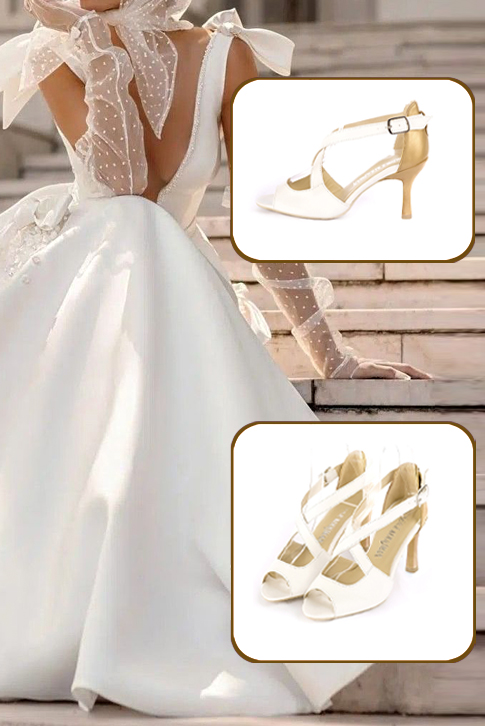 Women's off white and gold elegant sandals closed at the back with crossed straps. Round toe. High slim heel - Top view