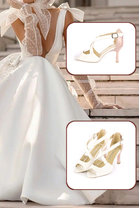 Women's off white and powder pink elegant sandals closed at the back with crossed straps. Round toe. High slim heel - Top view