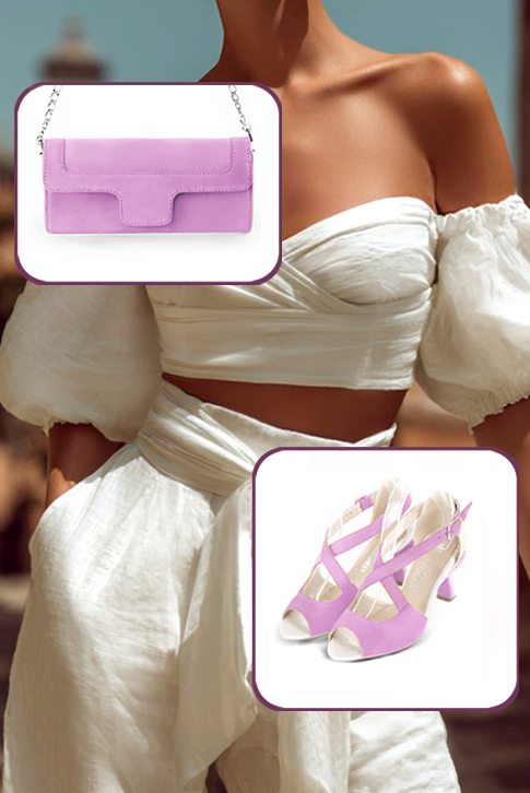 Women's mauve purple and off white elegant sandals closed at the back with crossed straps. Round toe. Medium spool heels - Worn view