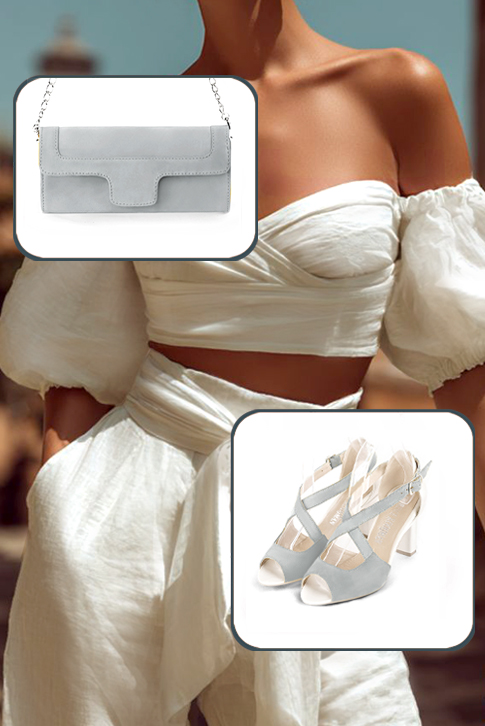 Women's pearl grey and off white elegant sandals closed at the back with crossed straps. Round toe. High kitten heels - Worn view