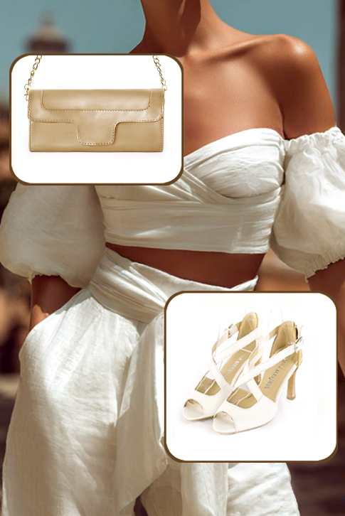 Women's off white and gold elegant sandals closed at the back with crossed straps. Round toe. High slim heel - Worn view