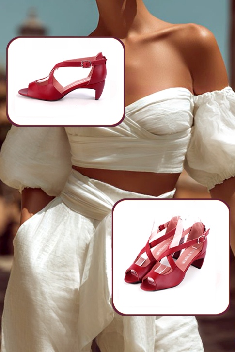 Women's cardinal red elegant sandals closed at the back with crossed straps. Round toe. Medium comma heels - Worn view