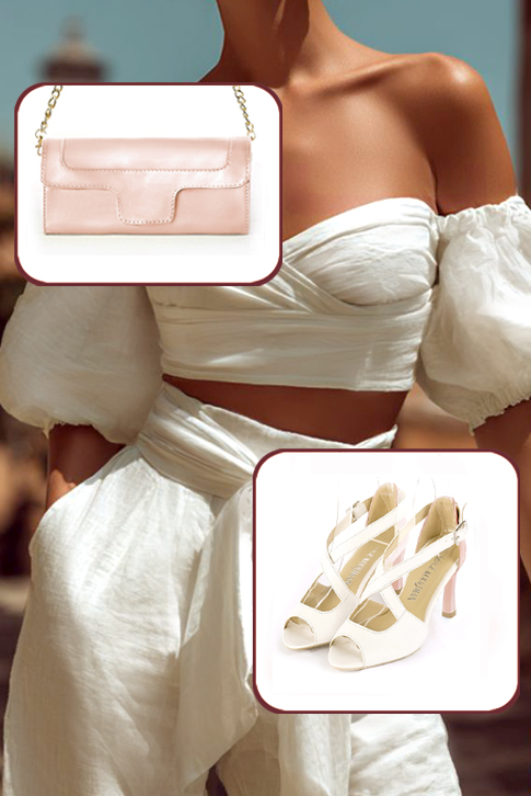 Women's off white and powder pink elegant sandals closed at the back with crossed straps. Round toe. High slim heel - Worn view