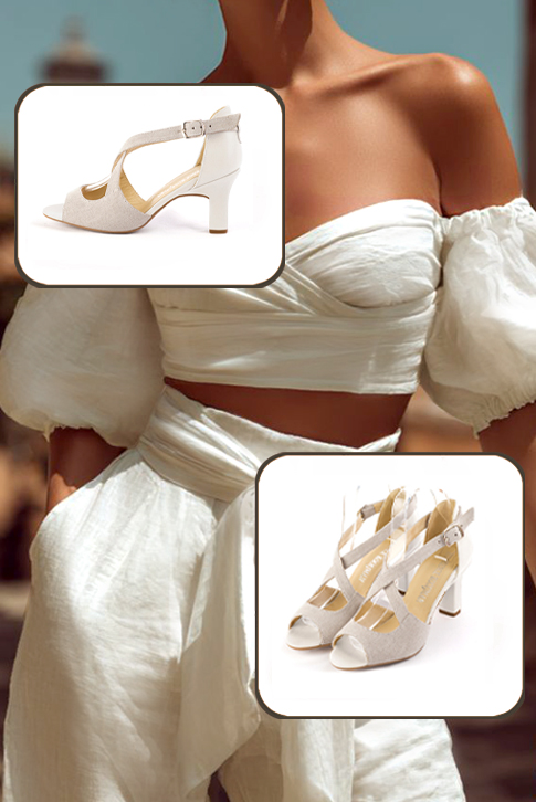 Women's natural beige and off white elegant sandals closed at the back with crossed straps. Round toe. High kitten heels - Worn view