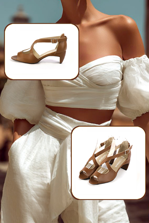 Women's caramel brown elegant sandals closed at the back with crossed straps. Round toe. Medium comma heels - Worn view